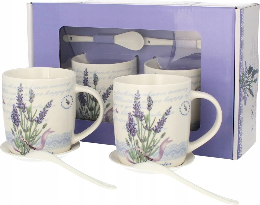 2 db-os porcelán bögre szett ajándék 340 ml Livello csészealj kanál levendula