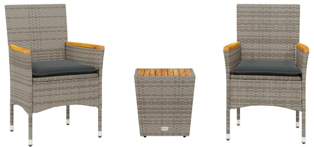 3 részes szürke polyrattan/üveg bisztrógarnitúra párnákkal