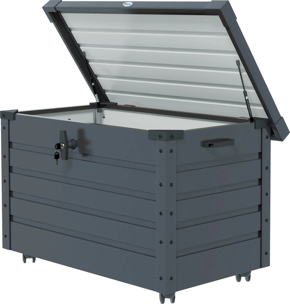 Outsunny 295L Zárható Kerti Tárolódoboz, 2 Fogantyúval és 4 Kerékkel, Horganyzott Acél Tárolóegység, 100x62x65 cm, Sötétszürke | Aosom