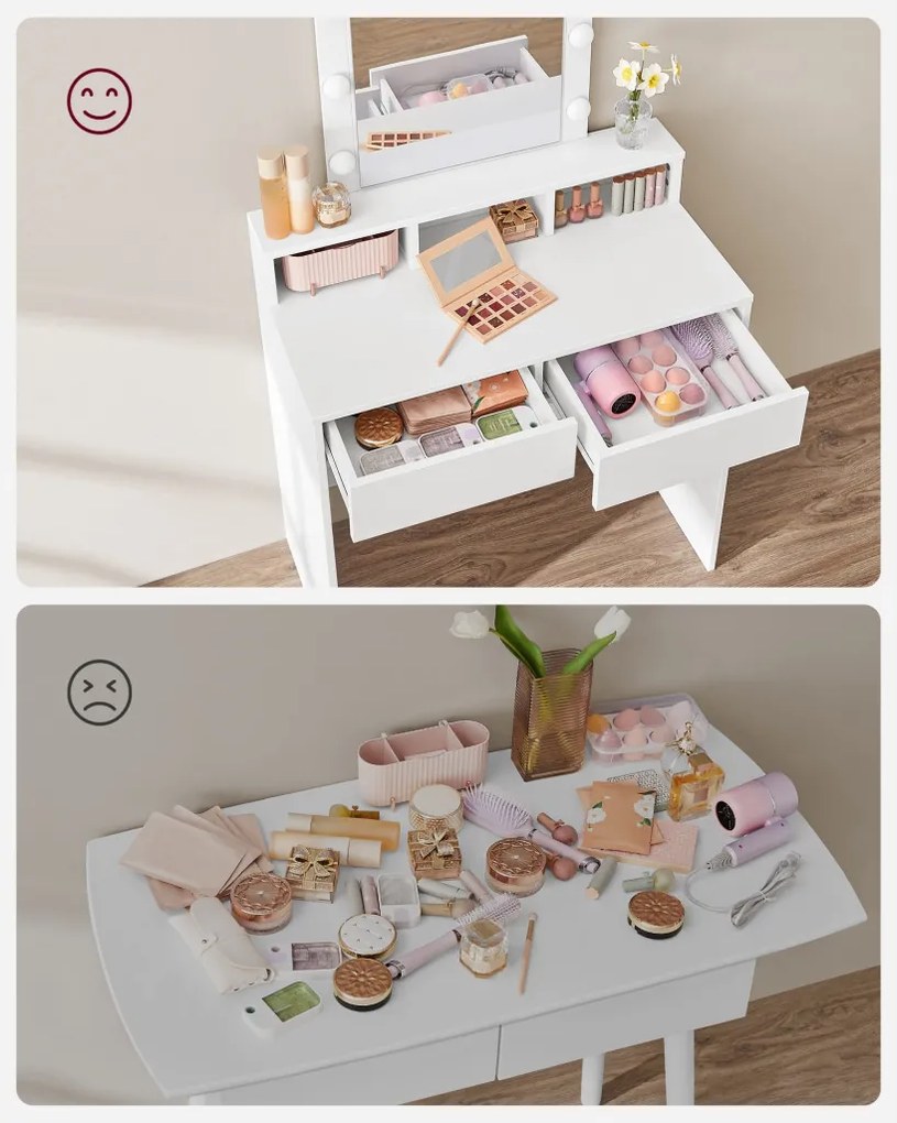 Fésülködőasztal, sminkasztal tükörrel fiókokkal, fehér 80x40x145cm