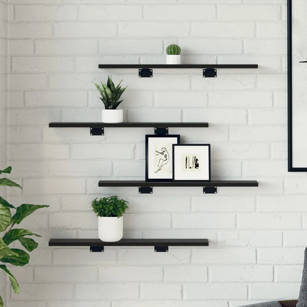 Könyvespolc Rács - 4 Fekete Tölgy Színben, 60x10x1.5 cm - Mérnöki Fából Készült