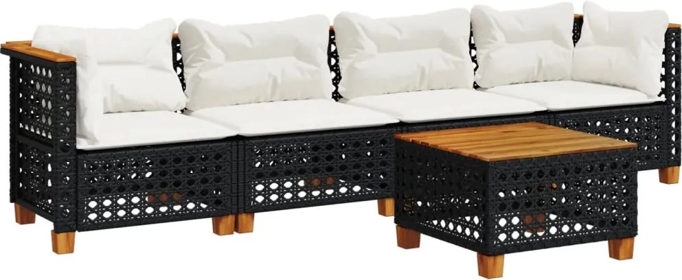vidaXL 5 részes fekete polyrattan kerti kanapészett párnákkal