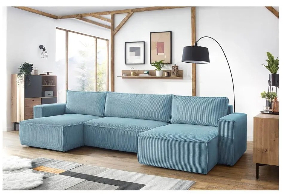 Mentazöld kordbársony kinyitható-tárolóhelyes (U alakú) sarokkanapé Nihad – Bobochic Paris