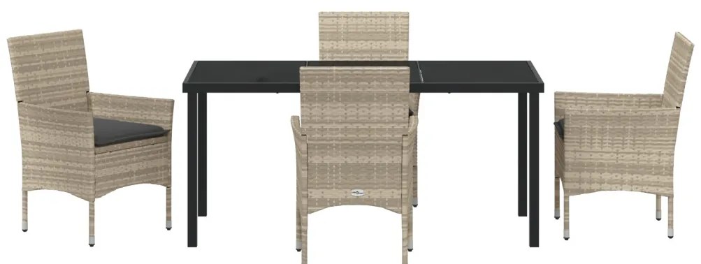 5 Részes Kerti Étkező Szett Párnákkal Világosszürke Poly Rattan, Kerti Asztal Fekete 160x80x73 cm Edzett Üveg