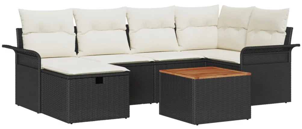 7 részes kerti bútor szett párnákkal, fekete poli rattan, 2 személyes kerti kanapé tárolóval és párnákkal, fekete poli rattan