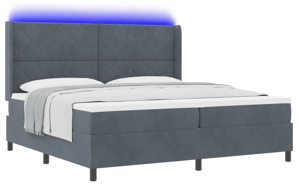 Boxspring ágy matraccal és LED világítással sötétszürke 200x200 cm bársony