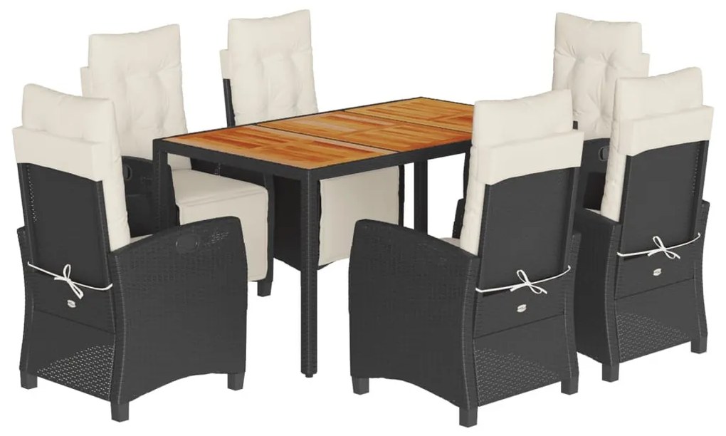 7 részes fekete polyrattan kerti étkezőgarnitúra párnával