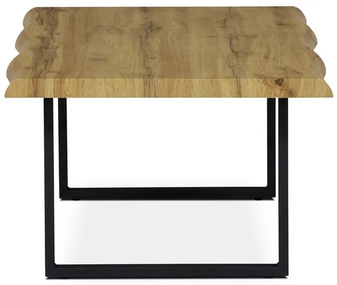 Tölgyszínű dohányzóasztal Fekete Fém Lábbal. Méret: 110x70x45 cm.