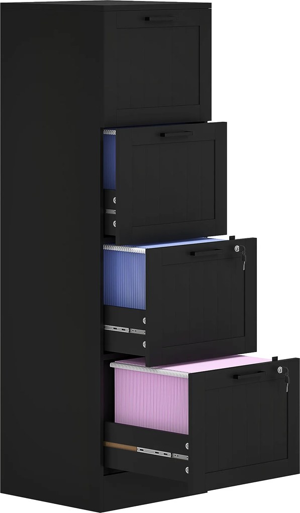 HOMCOM 4-fiókos Irattartó Állítható Síkkal, 2 Kulccsal és 2 Zárral, MDF Irodai Szekrény A4 és Levélméretű Dokumentumokhoz, 40x40x131 cm, Fekete | Aoso