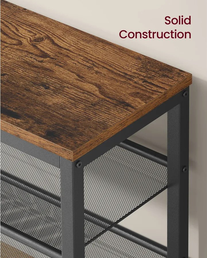 3 szintes cipőtartó pad emelt peremmel, ipari stílusban, rusztikus barna