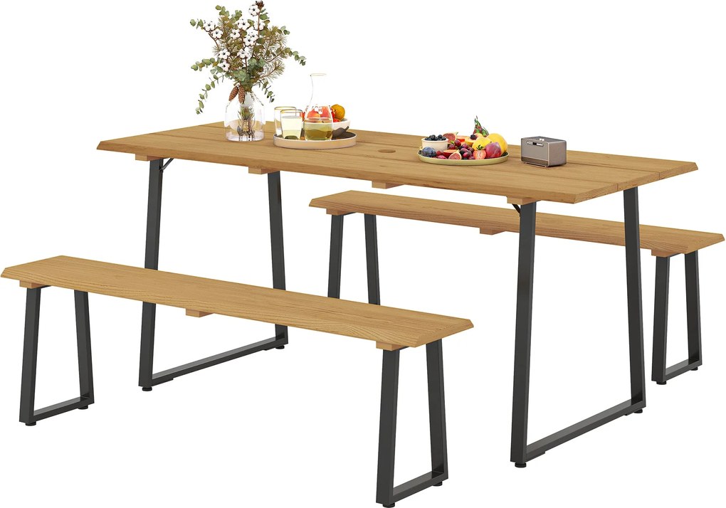 Outsunny 3 részes fa étkezőszett 6 fő részére, étkezőasztal 2 paddal, napernyő lyukkal, fa konyhai asztal balkon bútor szett, terasz bútor, természete