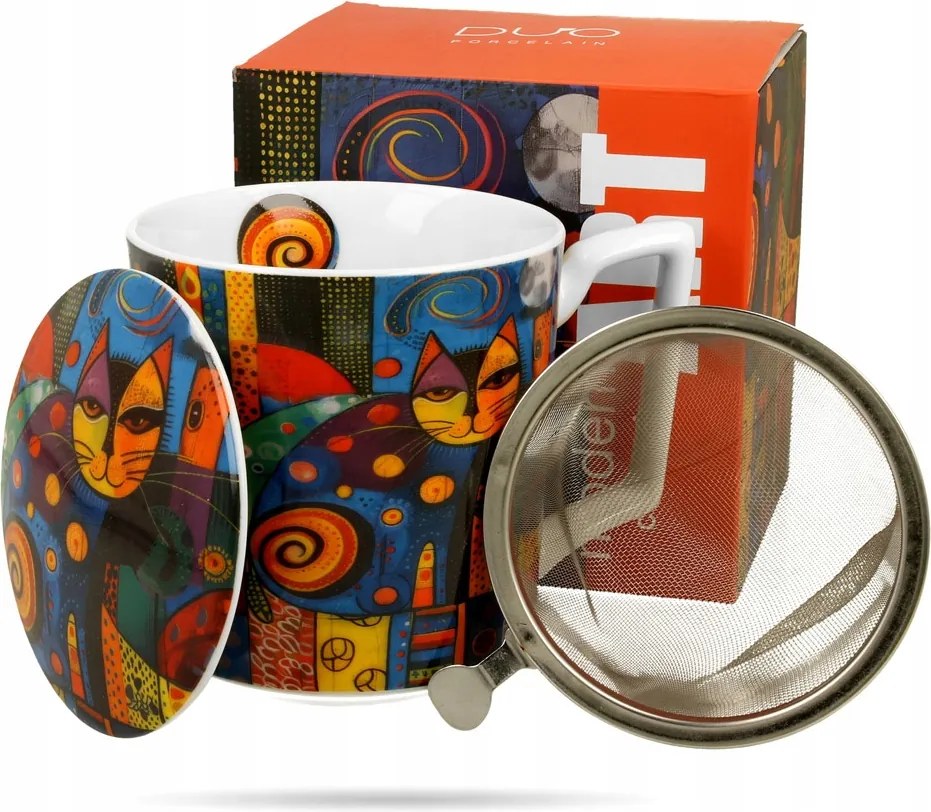 Porcelán Bögre Tea Szűrővel 360 ML Modern Macska