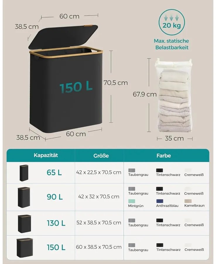 SONGMICS szennyeskosár fedéllel – 3 rekeszes ruhagyűjtő, 150 L űrtartalommal fekete színben