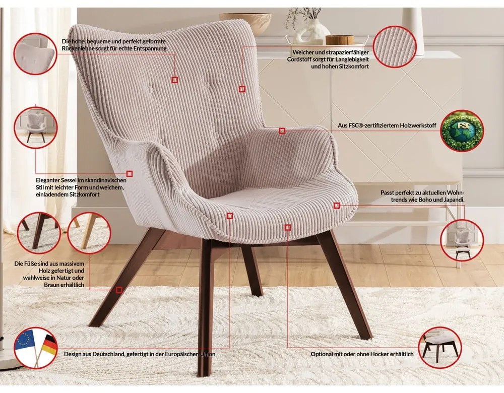 Világos rózsaszín kordbársony fotel Niko – Ropez