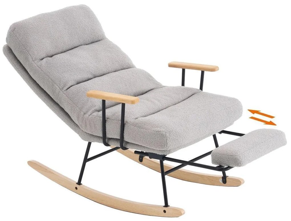 Hintaszék fa lábakkal, plüss szövettel, 4 fokozatban állítható háttámlával, Szürke színben