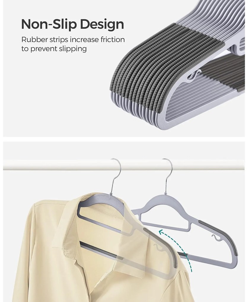 Csúszásmentes nagy teherbírású műanyag vállfák 50 db-os csomag, világos és sötétszürke