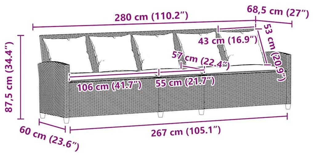 5 személyes szürke polyrattan kerti kanapé párnával