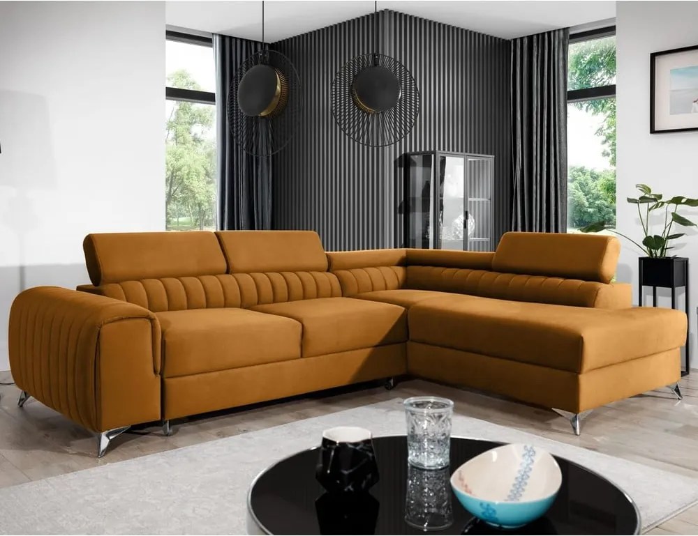 Sárga bársony kinyitható-tárolóhelyes sarokkanapé (jobb oldali-L alakú) Laurence – ELTAP