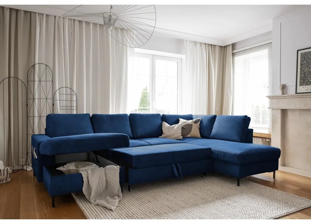 Sötétkék kordbársony kinyitható sarokkanapé (jobb oldali) Lofty Lilly – Miuform