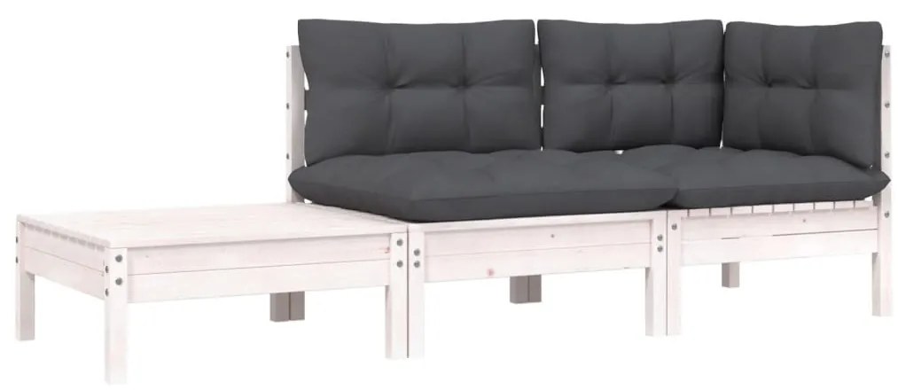 vidaXL 3 részes fehér tömör fenyőfa kerti ülőgarnitúra párnákkal