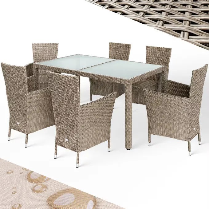 Casaria® Kerti rattan garnitúra Berlin 1+6 - bézs/krém