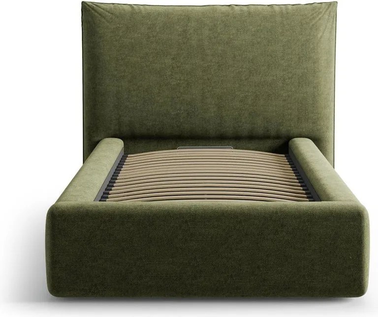 Zöld kárpitozott ágyneműtartós egyszemélyes ágy ágyráccsal 90x200 cm Kaelle – Micadoni