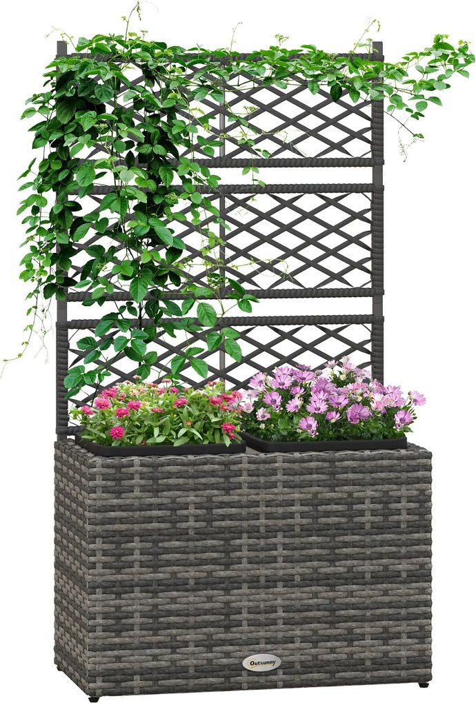 Outsunny Virágtartó Mászó Növényekhez, Emelt Virágtartó 2 Belső Cseréppel, Acél és PE Rattan Váz, 57x30x107cm, Szürke | Aosom