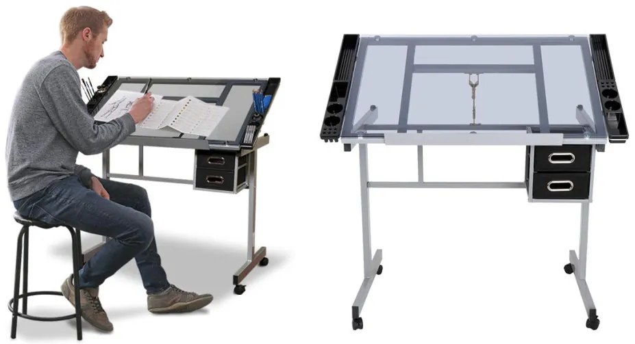 Tervező asztal dönthető,üveg asztallappal