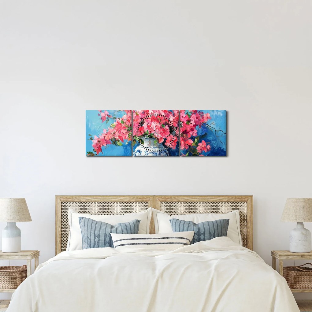 Kép - Váza rózsaszín virágokkal (órával) (90x30 cm)