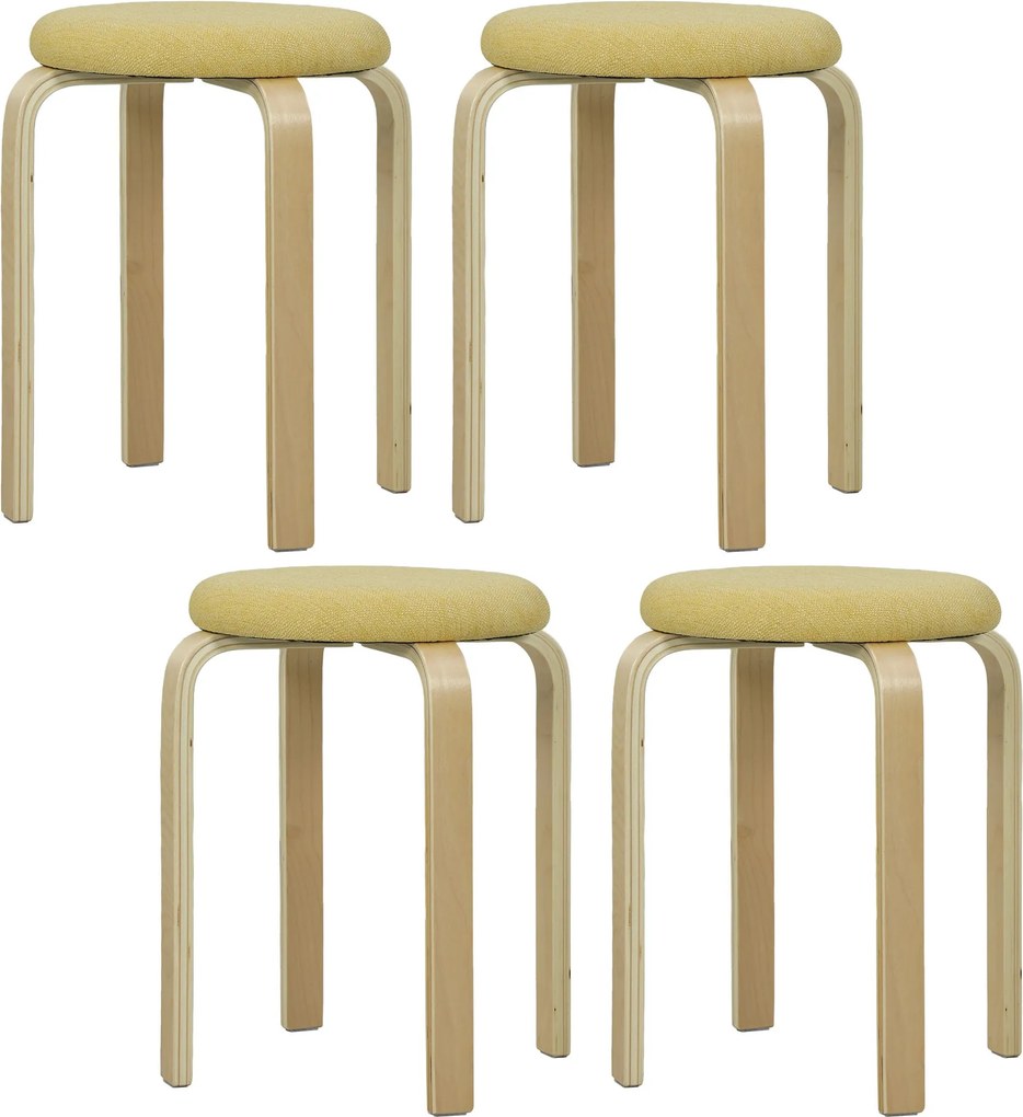 HOMCOM 4 Darabos Halmozható Kerek Konyhai Alacsony Részegységek Párnázott Üléssel Étkezőbe, Hálószobába, Irodába, Nappaliba Sárga és Természetes Színb