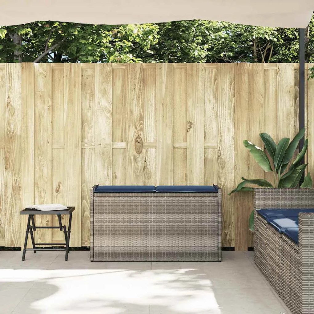 Szürke polyrattan kültéri tárolópad párnával 100 cm