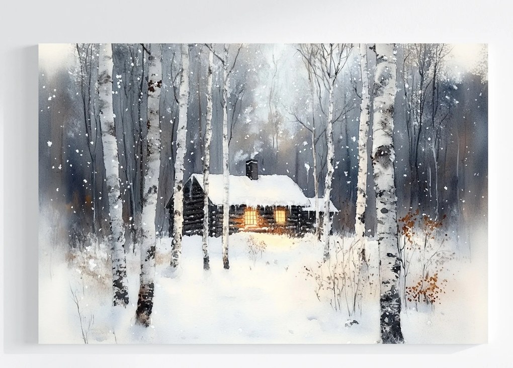 Vászonkép Canvas Kunyhó Az Erdőben Tél Hó Nyírfa Akvarell 60x40