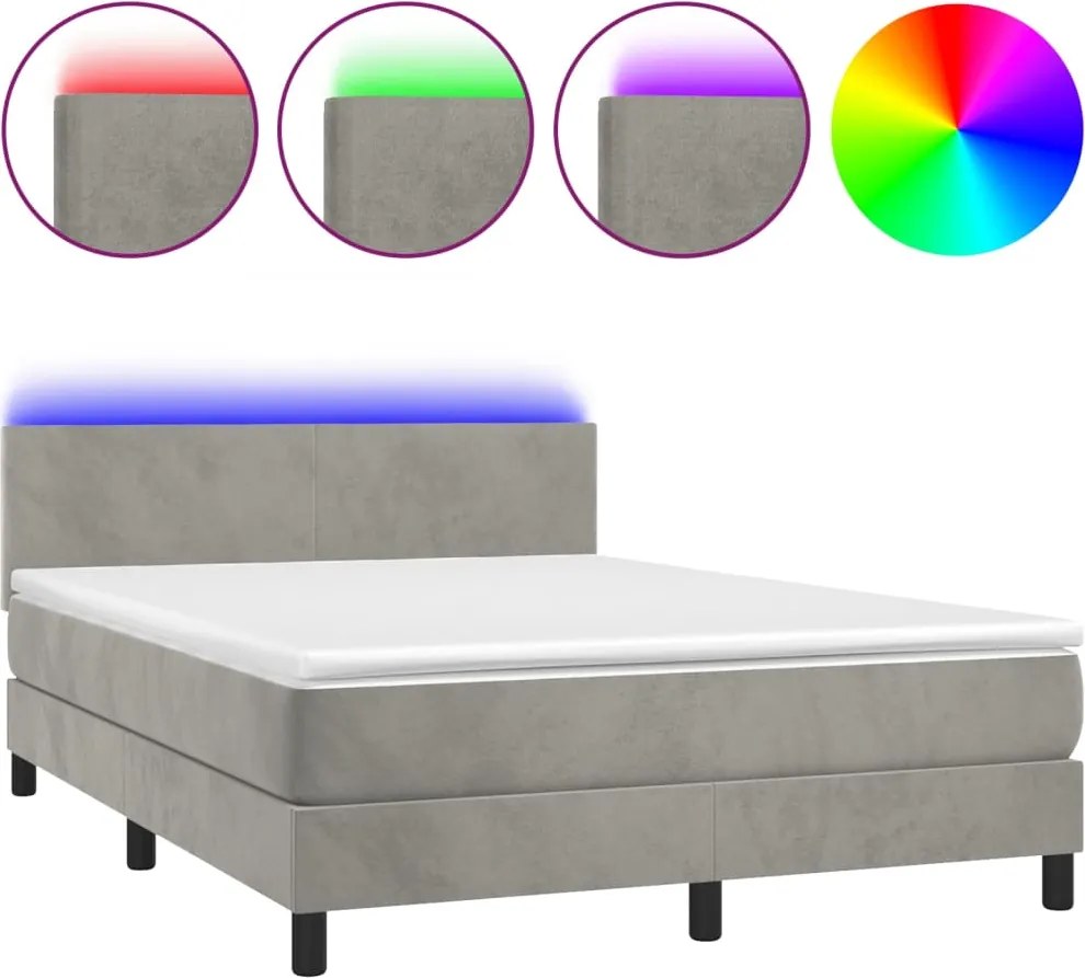 vidaXL világosszürke bársony rugós és LED-es ágy matraccal 140x190 cm