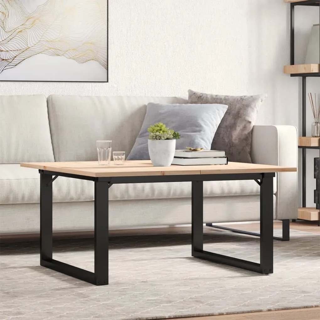 Tömör fenyőfa és acél dohányzóasztal O-vázzal 90x90x45 cm