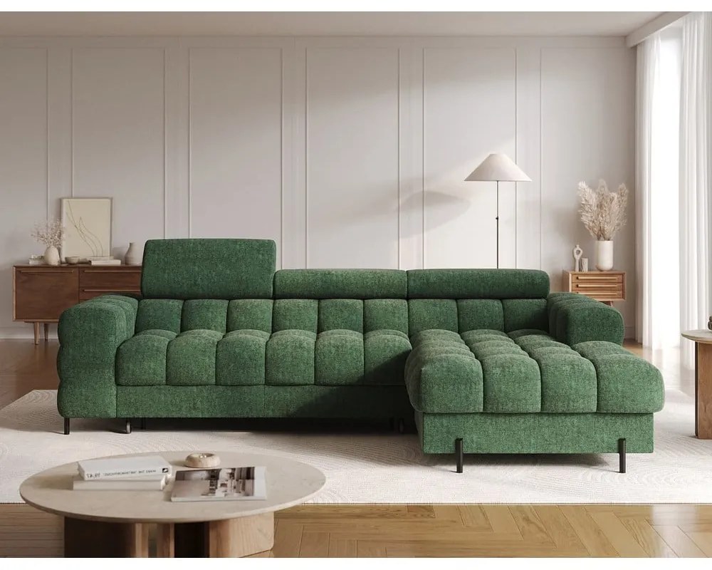 Zöld buklé kinyitható-tárolóhelyes sarokkanapé (jobb oldali-heverő résszel) Felro – ELTAP