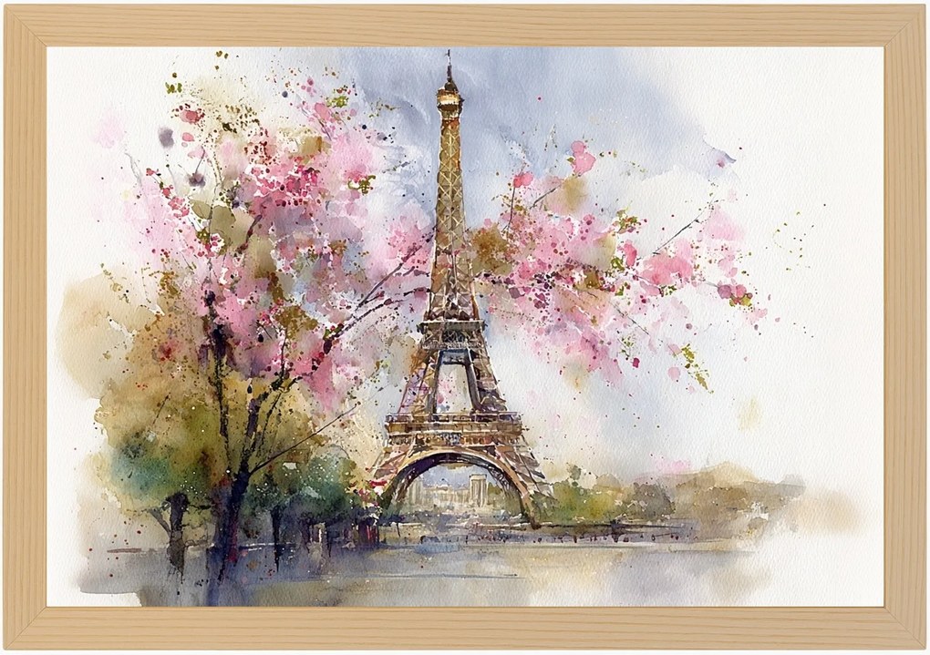 Poszter Keret Fa Franciaország Párizs Eiffel-torony Cseresznye Virágok 60x40