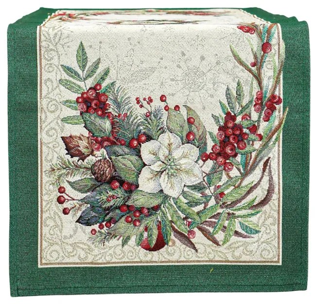 Magyal piros bogyós, zöld szélű, ezüst lurexes gépi gobelin asztali futó, 44 x 140 cm