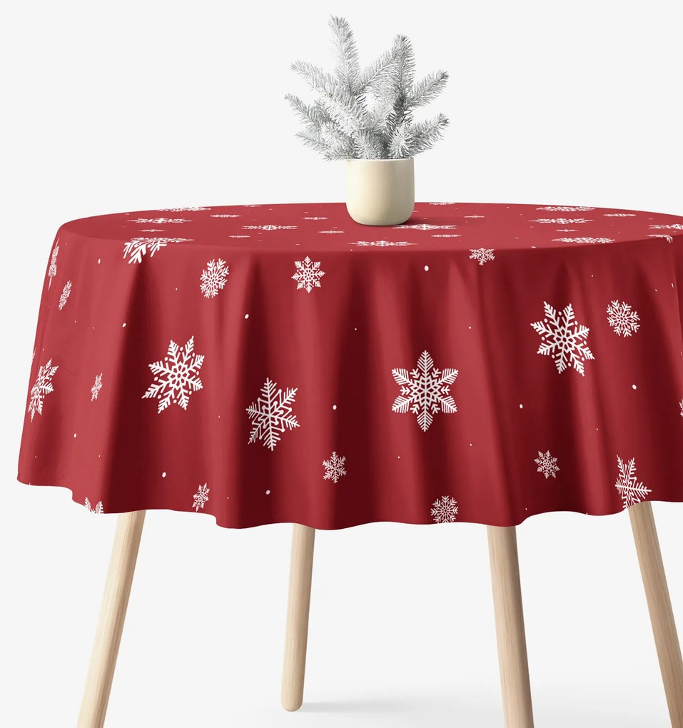 Goldea kör alakú pamut terítő - hópelyhek piros alapon Ø 160 cm