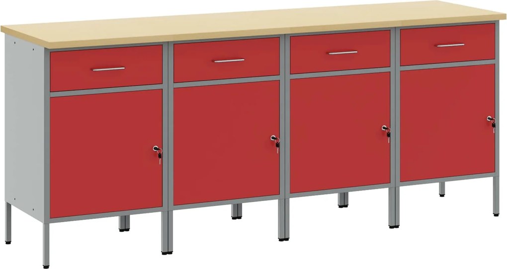 vidaXL Munkaszekrény fiókkal 4 pcs Piros és Szürke 200 x 55 x 85 cm