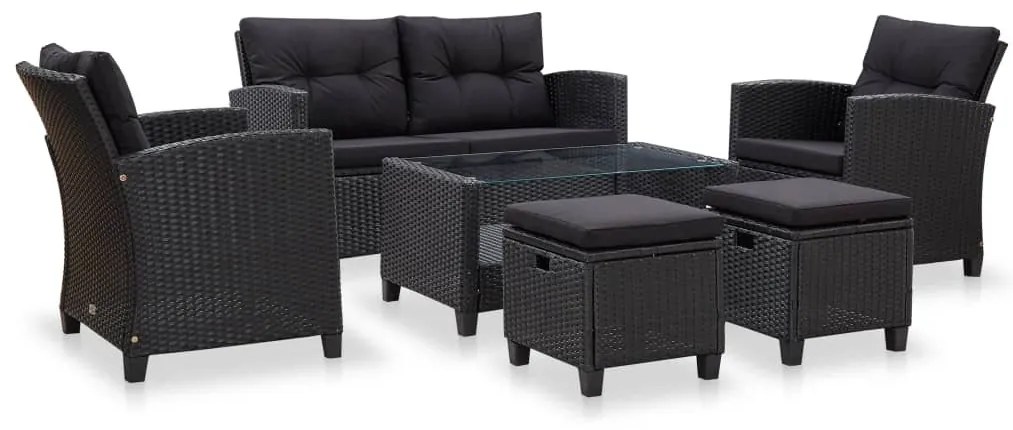 6 részes fekete polyrattan kerti ülőgarnitúra párnákkal