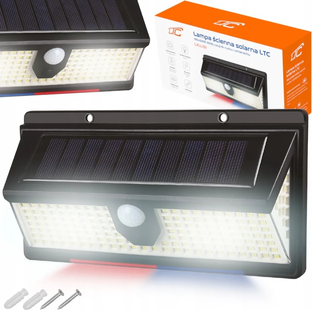 Halogén Led Napelemes Lámpa 30W Szürkületi Mozgásérzékelő 2000lm 190 Led