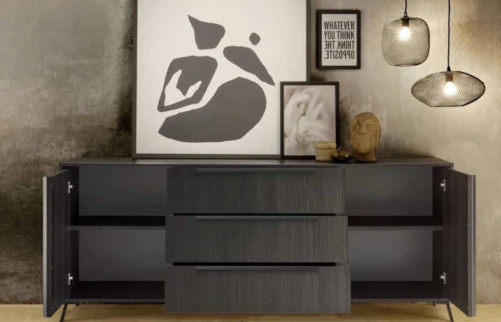 CITY Kétajtós, háromfiókos komód, fekete, laminált vázzal és előlapokkal