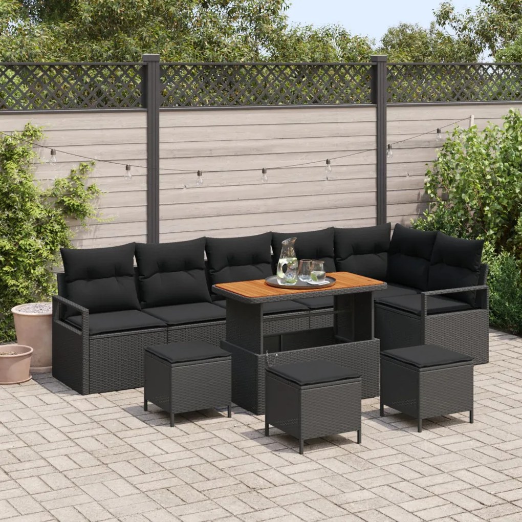 9 részes kerti kanapé szett párnákkal, fekete poli rattan akáccal, 2 fős kerti kanapé párnákkal, fekete poli rattan, 3 részes kerti étkező szett párnákkal, fekete poli rattan akáccal