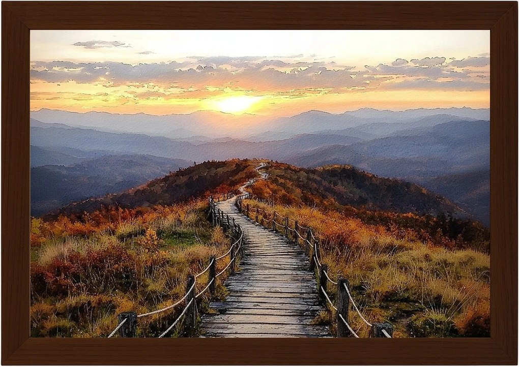Poszter Keret Fa Ösvény Hegyek Naplemente Ősz Tájkép 60x40
