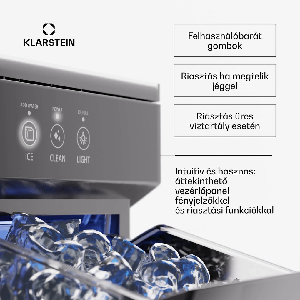 Klarstein Ice Galet, darabos jég készítő, 20 kg/24 ó, Auto-Clean, 2,2 literes víztartály