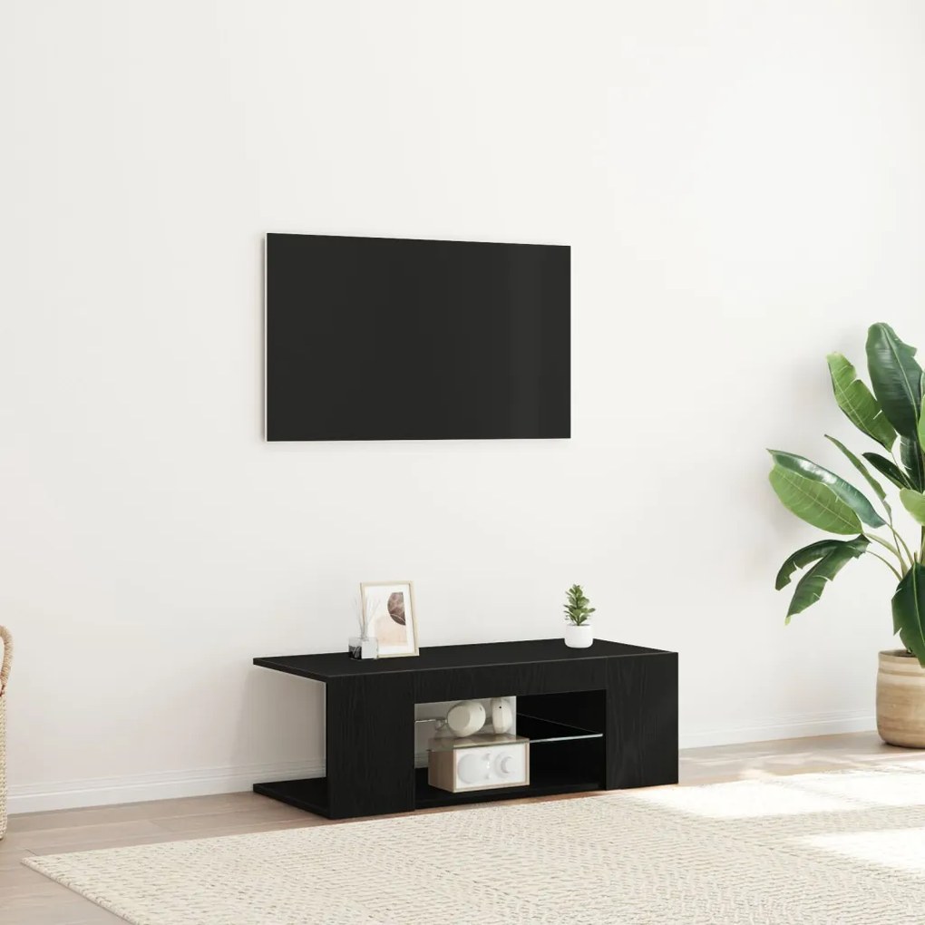 TV Szekrény LED Fényekkel, Fekete, Tömörfa, 90x39x30 cm