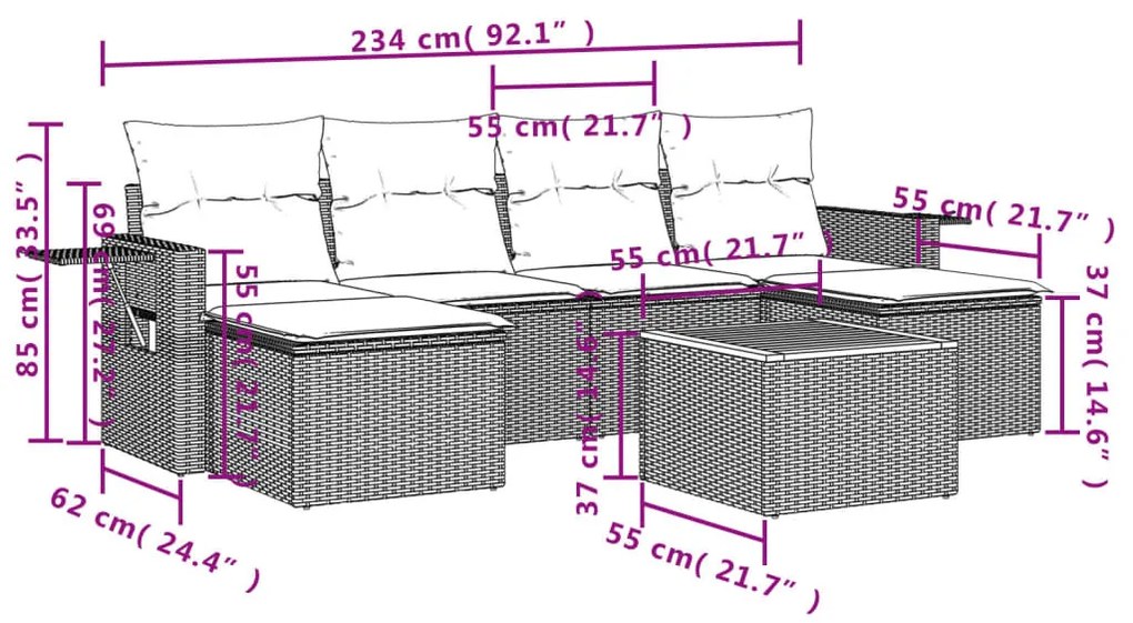 7 részes fekete polyrattan kerti ülőgarnitúra párnával