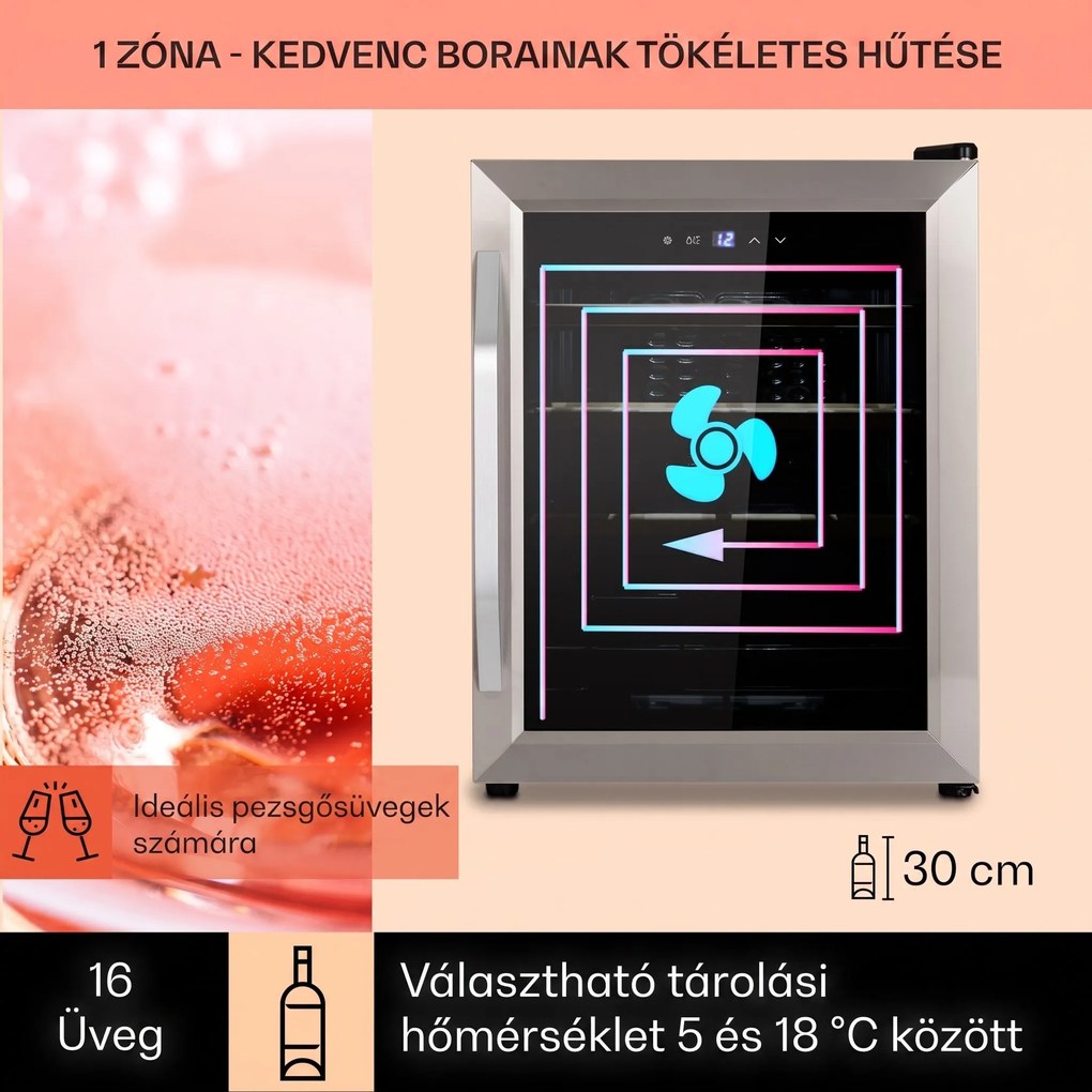 Klarstein Vinamour 16 Uno, borhűtő, 42 liter, 16 palack, 5-18°C, 41 dB, üveg