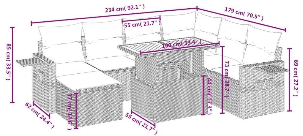 8 részes szürke polyrattan kerti ülőgarnitúra párnákkal