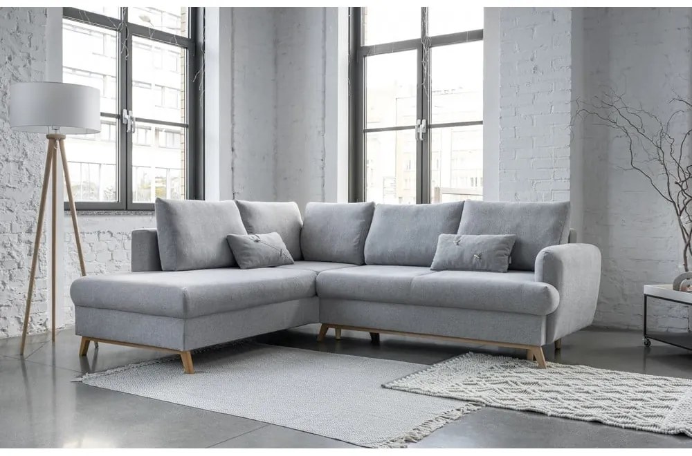 Világosszürke kinyitható-tárolóhelyes sarokkanapé (bal oldali-L alakú) Scandic Lagom – Miuform
